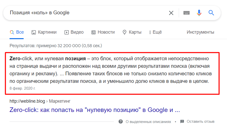 Позиция ноль в Google